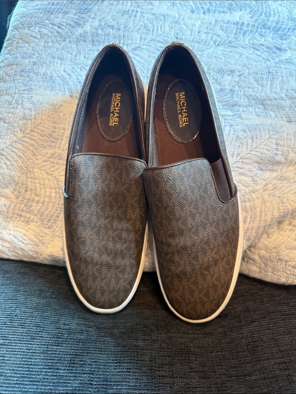 Michael Kors Women’s Brown Monogram Slip-On Sneakers with White Sole